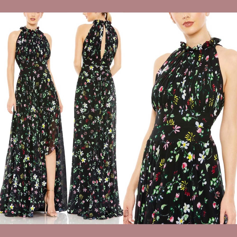 NWT IEENA Mac Duggal [ 14 ] Floral Asymmetrical Ruffle‎ Slit Halter Gown Black